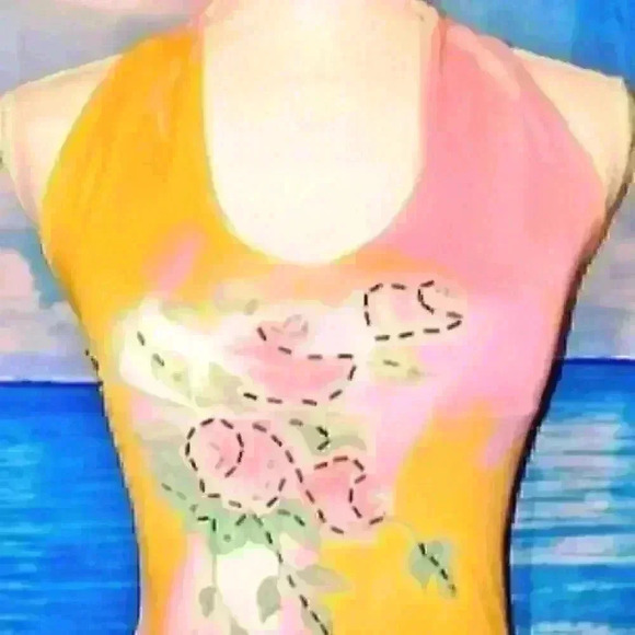 SOFIA DUEX Womans HIGH END Lined PINK and YELLOW Floral STRETCH Print Raceback S - Picture 3 of 5